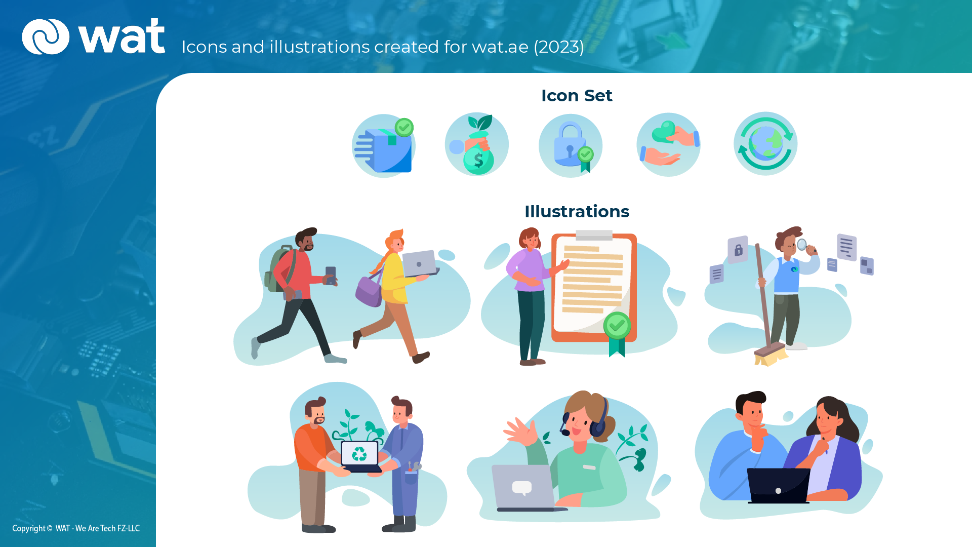 A set of lottie vector illustrations
                and vector icons design for the app wat.ae created by Laura Bacher webdesigner project manager
                UI/UX graphic designer. They represent people and objects related to e-waste recycling and
                environment preservation